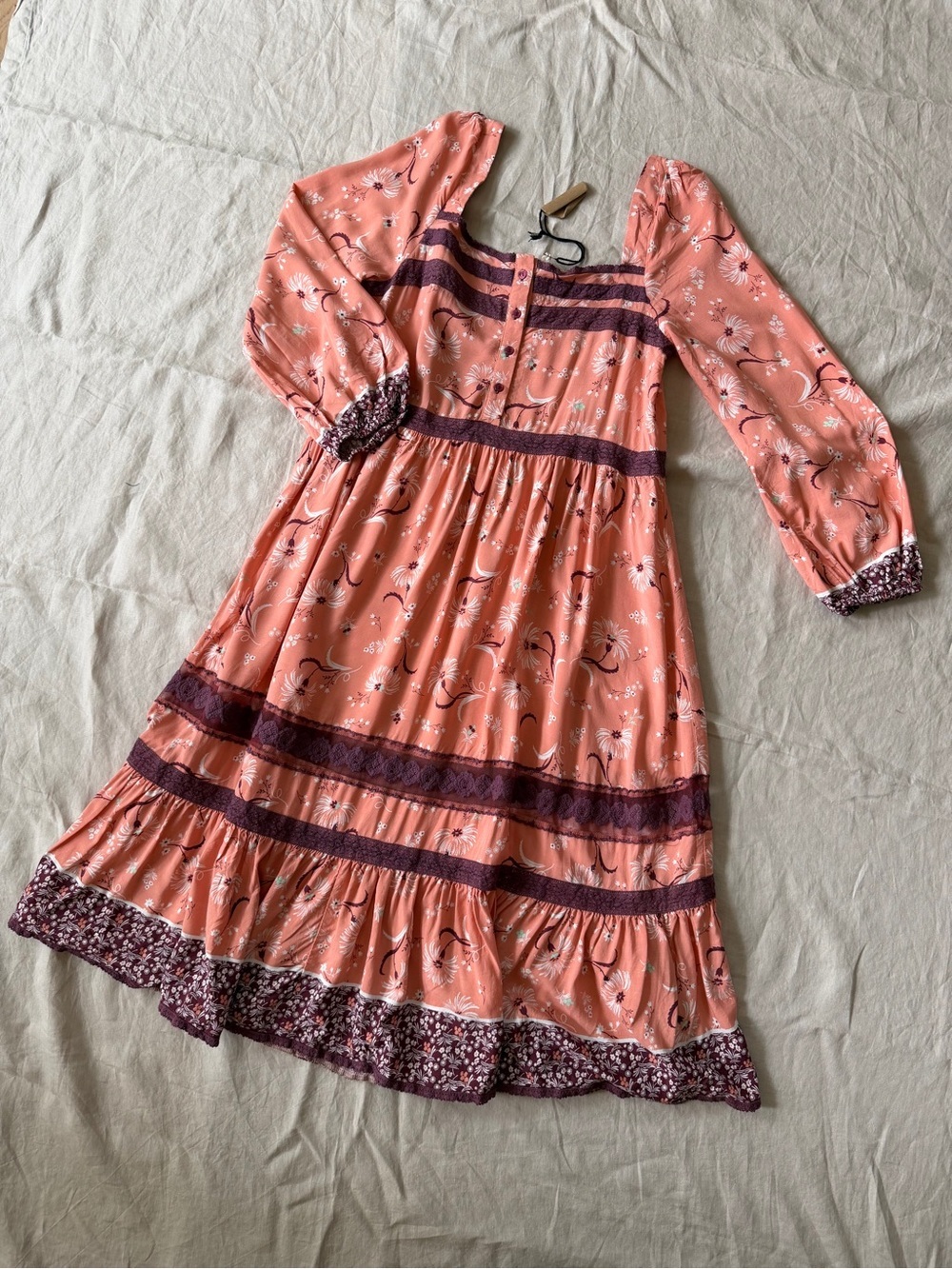 Jaase NWT boho pink Peach Midi Dress with Long Sleeves tiered skirt medium - Picture 6 of 14